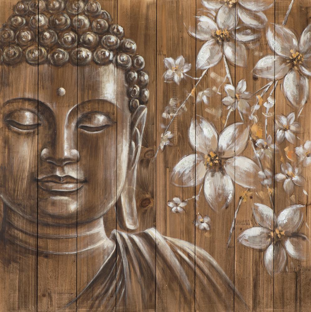 Painting Wood Buddha with Flowers Handpainted Wall Decoration