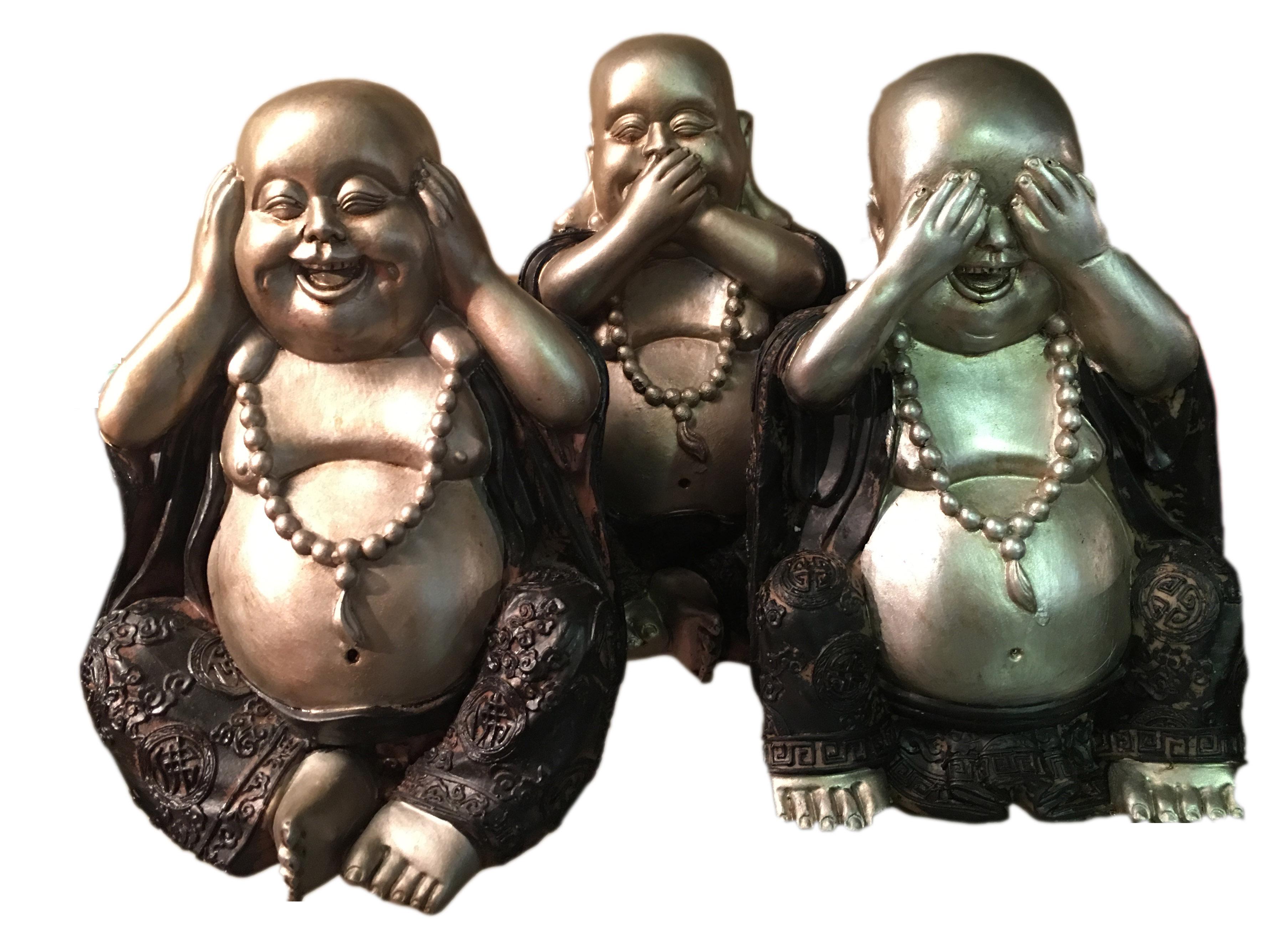 Lucky Buddha Set/3 Silver Black Hear No Evil, See No Evil, Speak No Evil