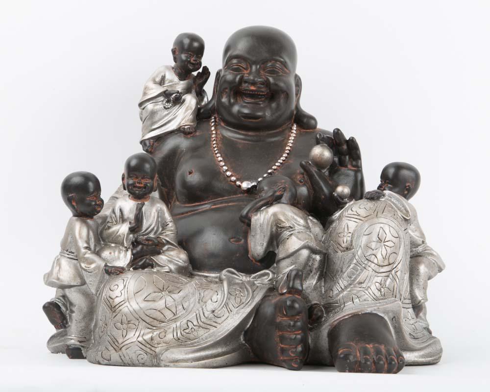 Lucky Happy Buddha Statue with Children Silver-Black L