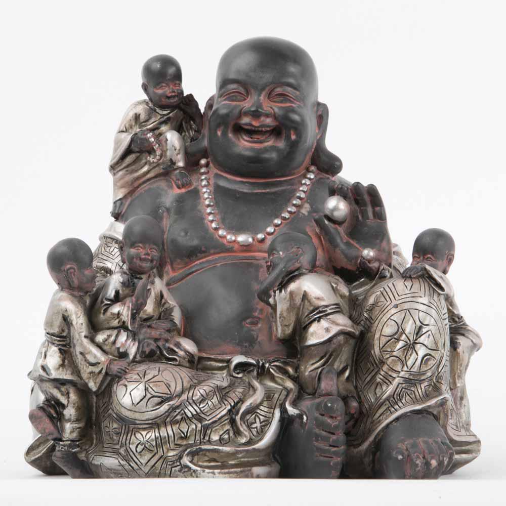 Lucky Happy Buddha Statue with Children Silver-Black S