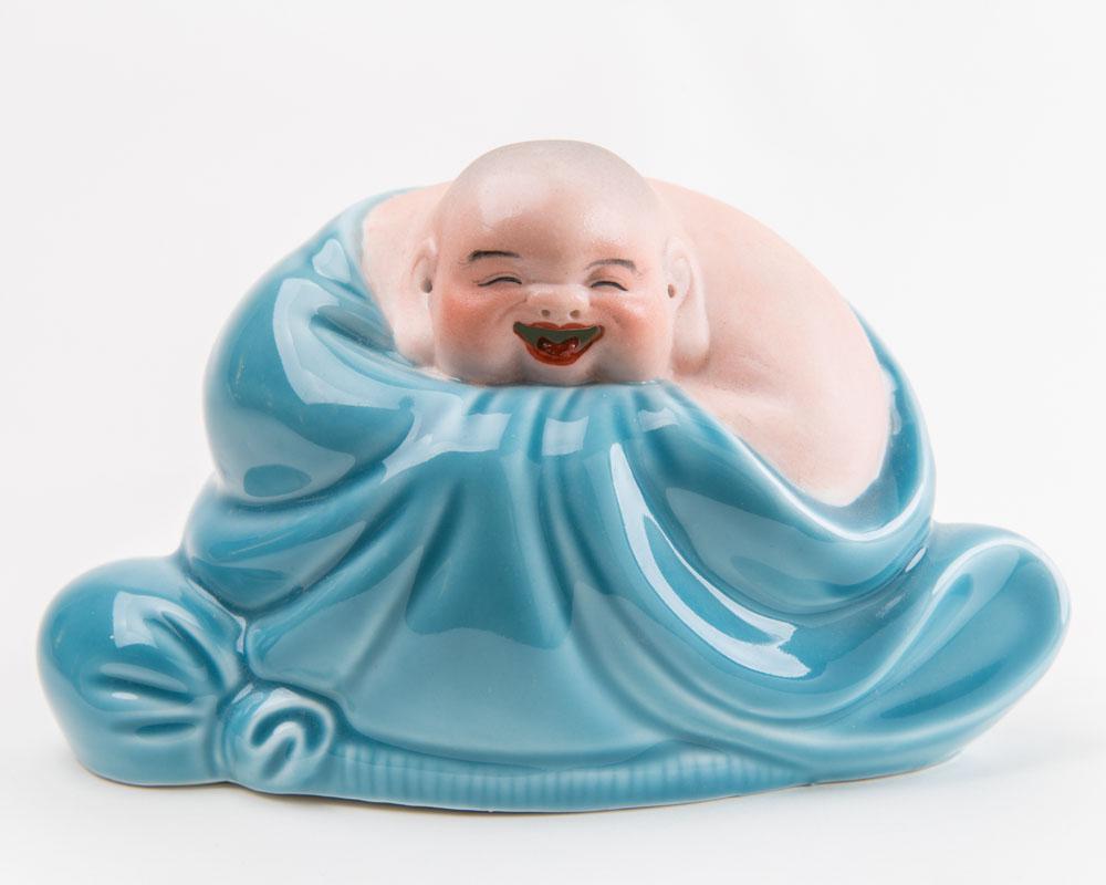 Lucky Happy Buddha Statue Porcelain Blue