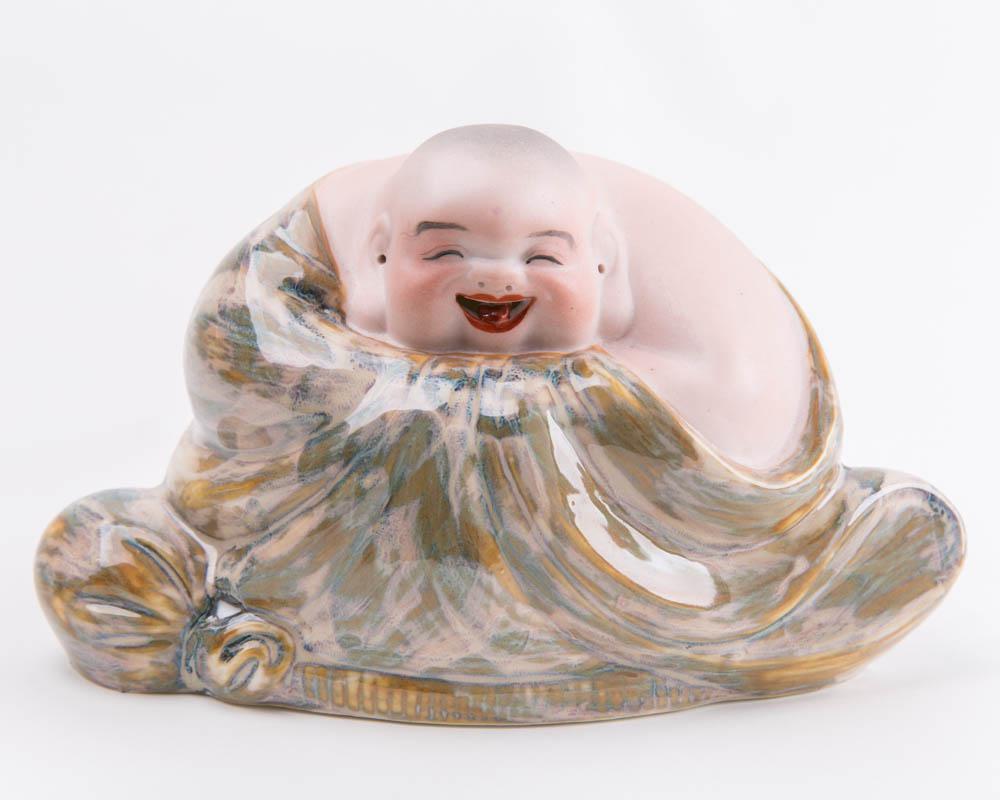 Lucky Happy Buddha Statue Porcelain Brown