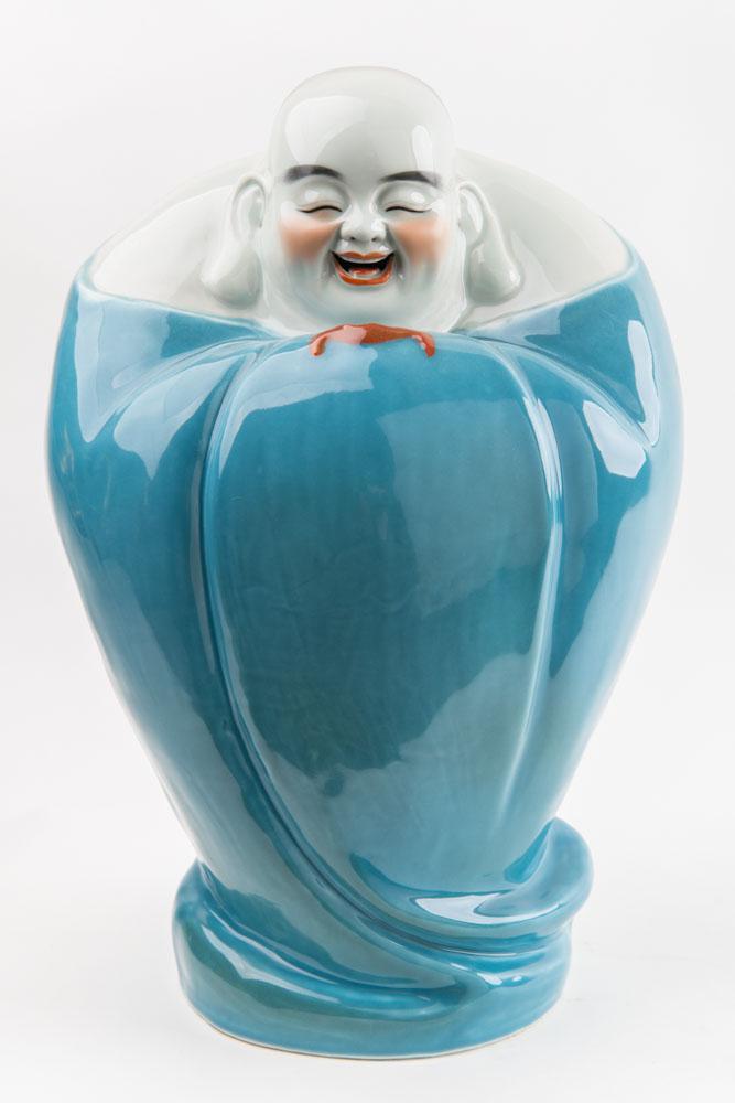 Lucky Happy Buddha Statue Porcelain Standing Blue